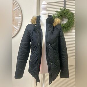 Black Quilted Women’s Jacket with Faux Fur Hood